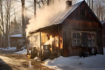 steam rising from a boiling sap pan in a sugar shack, created with generative ai