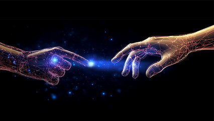 Obraz premium Human Hand Touching Fingers with a Cyborg, Humanity and Technology Connection Digital Concept Render