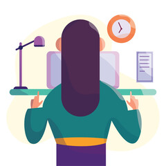 Business environment concept with girl character working on a laptop Vector