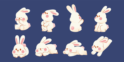 Cute White Chubby Fluffy Rabbit Character ,Vector,  Illustration