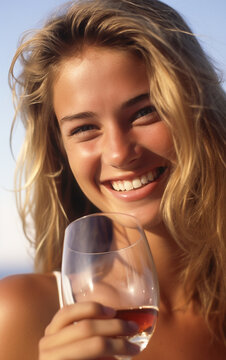 Beautiful smiling girl drinking a glass of red wine