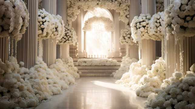 Romantic fantasy wedding alter. Dreamy marriage vows. Heaven's pearly gates. White rose bouquets and shimmering silk, Generative Ai