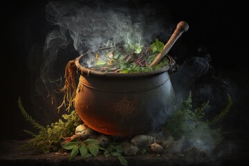 broth of healing herbs boiling in the cauldron, created with generative ai