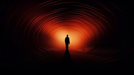 Fototapeta premium Staring into the abyss. Light at the end of the tunnel. Abstract silhouette background wallpaper, Generative Ai
