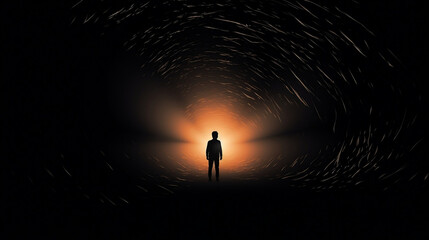 Staring into the abyss. Light at the end of the tunnel. Abstract silhouette background wallpaper, Generative Ai