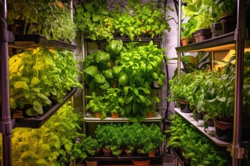 Fototapeta na wymiar variety of herbs growing in a compact vertical farming setup, created with generative ai
