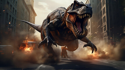 Tyrannosaurus Rex dinosaur. Destruction of city street. Dangerous monster attacks. 3D Prehistoric mayhem, Generative Ai