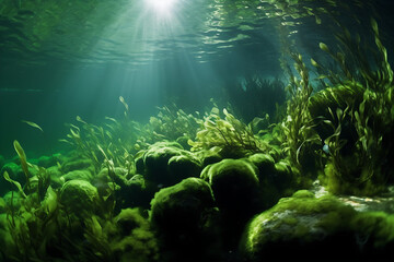 Fototapeta na wymiar Sunlight Shining on Aquatic Plants Digital Concept Render