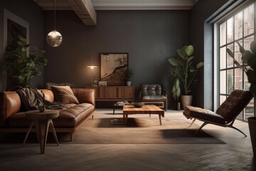 Style loft interior with leather armchair. AI generated, human enhanced