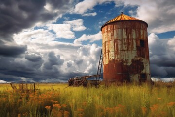 abandoned, rusted silo against cloudy sky, created with generative ai