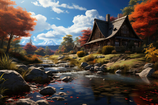 log cabin in maple forest by river, anime style look, background wallpaper image
