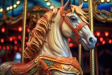 Fototapeta na wymiar carousel horse with golden mane and tail in focus, created with generative ai