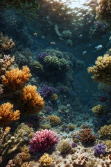Naklejka na ściany i meble Undewater world landscape, reef, sea bottom with corals and seaweeds
