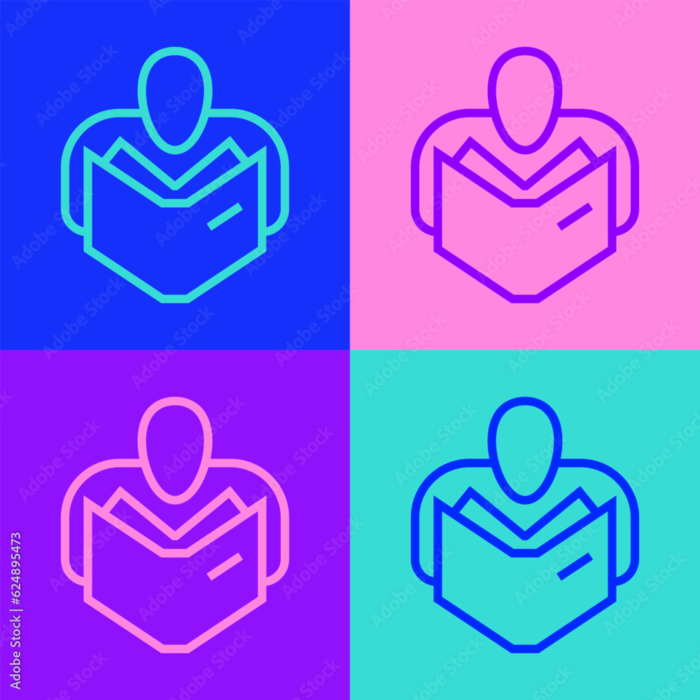 Poster pop art line man reading book icon isolated on color background. vector