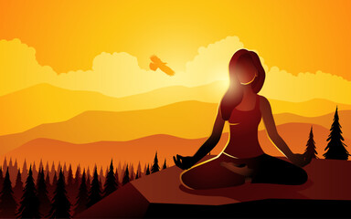 Silhouette of a woman doing yoga on mountain peak, vector illustration