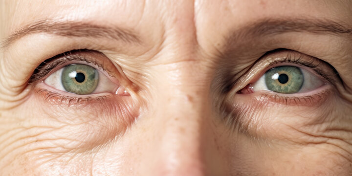 Old senior woman eyes, closeup detail to her face, both iris visible, wrinkled skin near. Generative AI