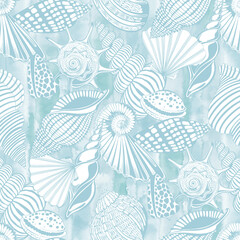 Seamless pattern on a marine theme with seashells on  blue watercolor background. Vector hand drawn illustration. Perfect for wallpaper, wrapping, fabric and textile.