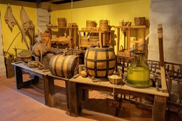 artisanal olive oil production equipment on display, created with generative ai