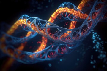 dna strands intertwined on a nanoscale, created with generative ai