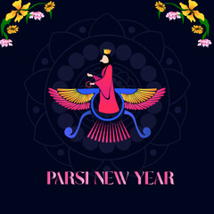Navroz mubarak. Parsi New Year vector greeting with zoroastrian symbol. Vector greeting, poster, card.