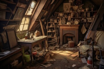 abandoned time capsule in an old attic, created with generative ai
