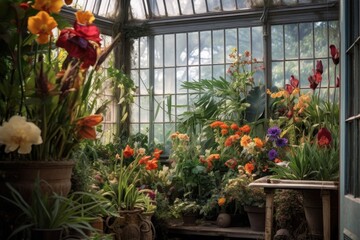 close-up of exotic flowers inside a victorian greenhouse, created with generative ai