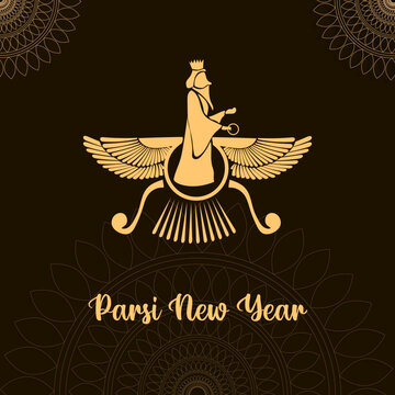 Navroz mubarak. Parsi New Year vector greeting with zoroastrian symbol. Vector greeting, poster, card.