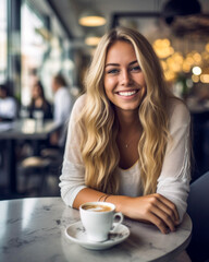 Junge schöne blonde Frau entspannt sich in einem Café. Generative KI