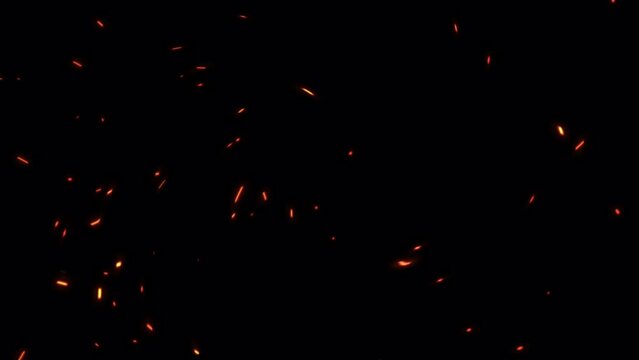 Abstract loop glow fire particles ash sparks rising up animation with transparent alpha channel can be used for overlay your project.Chaotic motion of fiery orange glowing flying ember burning ash par