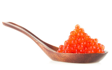 Red salted caviar in wooden spoon isolated on a white background