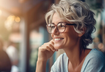 Porträt einer attraktiven reifen Frau mit grauen Haaren in einem Straßencafé, Generative AI