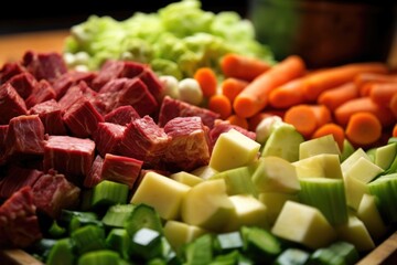 close-up of stew ingredients: chopped vegetables and meat, created with generative ai