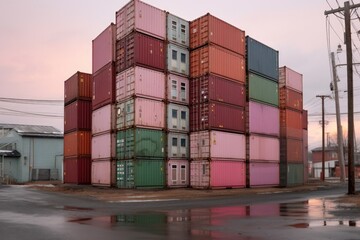 stack of shipping containers near a warehouse building, created with generative ai