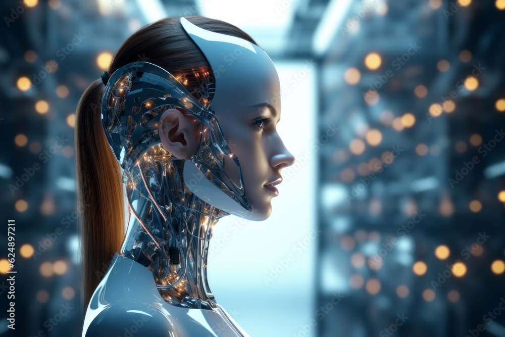 Poster anthropomorphic artificial intelligence. portrait with selective focus and copy space