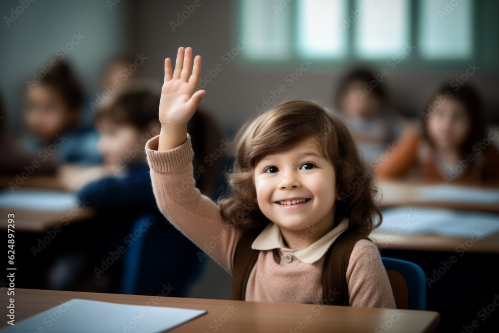 Wall mural The child raises his hand for an answer in the classroom. Back To School concept. Backdrop with selective focus