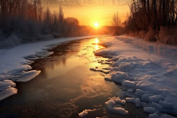 sun rising above a frozen river landscape, created with generative ai