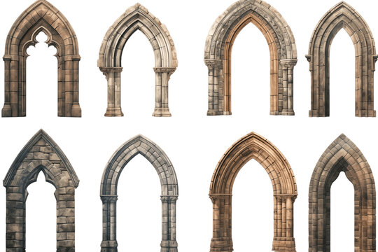 Stone Vintage Arch Door: Gothic Architecture Elements on Transparent Background. AI