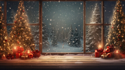 Christmas composition with snowy fir trees. Merry Christmas and Happy New Year banner. Holiday winter landscape. Created with Generative AI