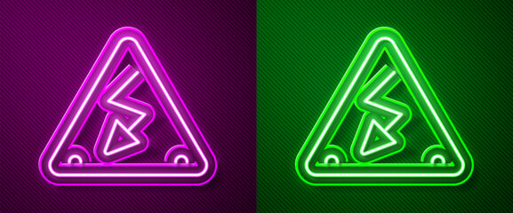 Glowing neon line High voltage sign icon isolated on purple and green background. Danger symbol. Arrow in triangle. Warning icon. Vector