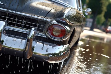 detail of soapy water running over classic cars chrome bumper, created with generative ai