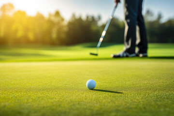 Professional golf player training at golf course at summer day. Man hitting golf ball on green field. Created with Generative AI