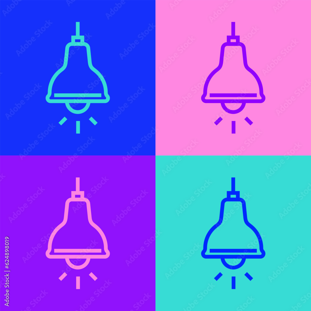 Aufkleber pop art line lamp hanging icon isolated on color background. ceiling lamp light bulb. vector
