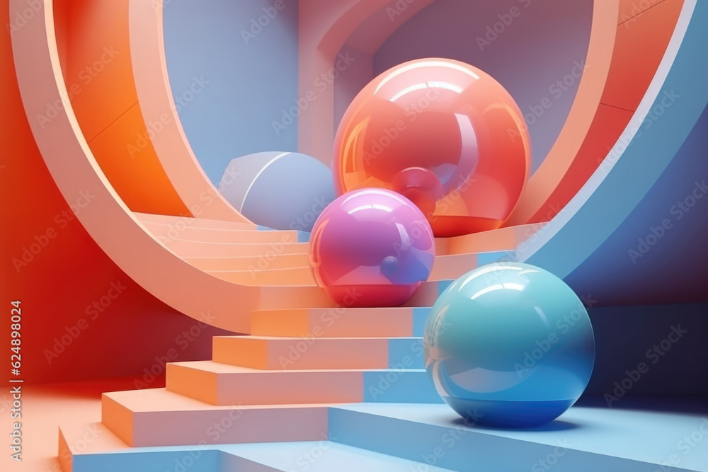 Poster simple geometric composition with staircase and balls abstract design in minimalistic style. modern 