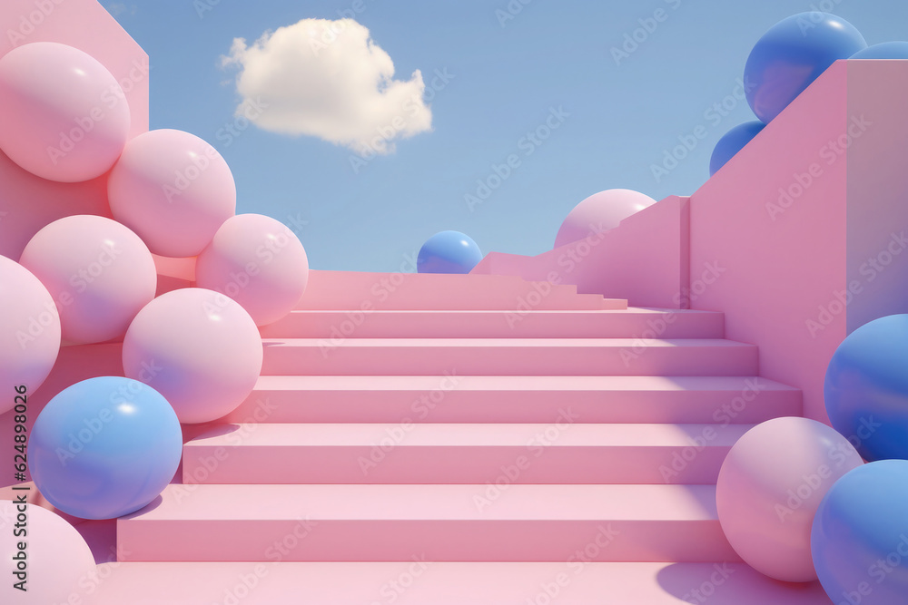 Poster simple geometric composition with staircase and balls abstract design in minimalistic style. modern 