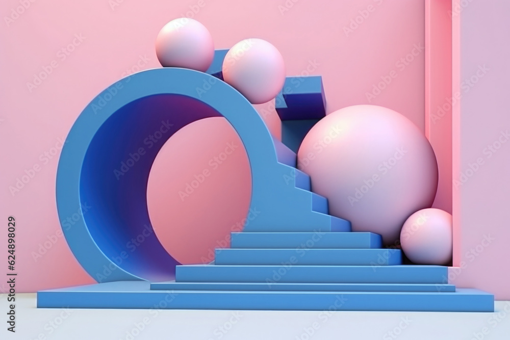 Poster simple geometric composition with staircase and balls abstract design in minimalistic style. modern 