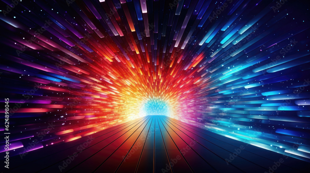 Poster abstract tunnel with colorful stripes in motion. glowing neon colored lines in cyberspace. created w