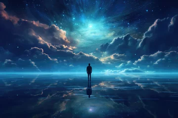 Crédence de cuisine en verre imprimé Paysage fantastique Silhouette of alone person looking at heaven. Lonely man standing in fantasy landscape with shining cloudy sky. Meditation and spiritual life. Created with Generative AI