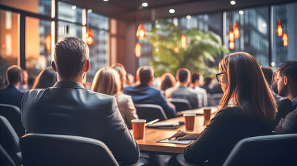 Fototapeta premium Work team gathered in a room. Group of workers listening in a meeting room. Blurred background and copy space