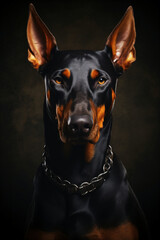 Portr&auml;t eines Dobermann vor dunklem Hintergrund. Studioaufnahme erstellt mit AI