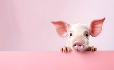Creative Animal Concept. Pink pig peeking over pastel bright background. Generative AI.